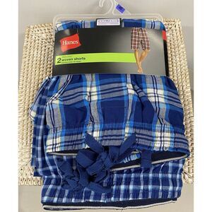 Hanes Men's Tagless‎ Two Woven Shorts Cotton Polyester Blue White Yellow 2XL